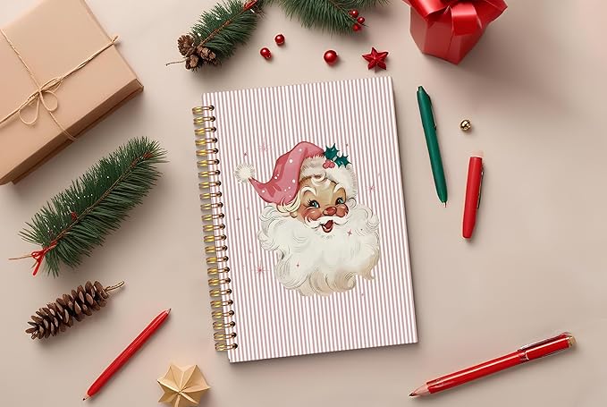 Christmas Notebook, Pink Vintage Santa Christmas Journal, Santa Gifts, Christmas Office Gifts for Coworkers, Christmas Composition Notebook, Pink Striped Spiral Notebook 5.5x8.3 Inch