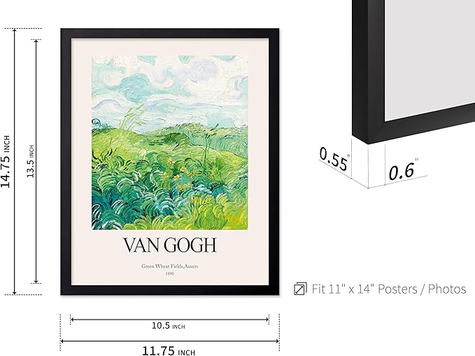 Monem Art Vintage Van Gogh Poster - Retro Impressionist Print - Green Wheat Fields, Auvers, Sky, Leaves, Landscape - Gift for Artist, Friend - Wall Decor for Home, Office, 11x14 Black Framed