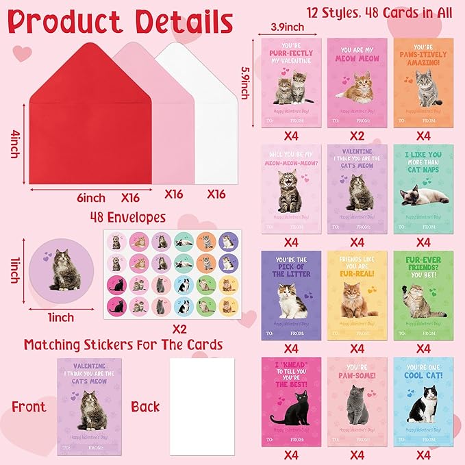 TICIAGA 144pcs Valentine's Day Cat Animal Greeting Card with Envelop and Stickers for Kids, Cute Kitten Catling Pet Notecard Exchange Gift for Boys and Girls School Classroom, Valentines Party Favors