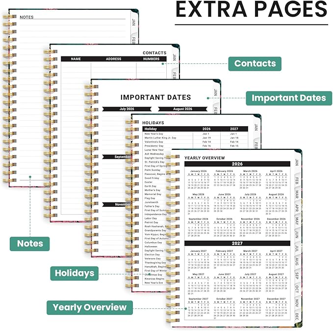 2026 Planner, Weekly and Monthly Planner for Women, January 2026 to December 2026, Pretty Hardcover 2026 Calendar Planner Book with Tabs, Inner Pocket, Spiral Bound, Perfect Office Home School Supplies - 6.3" x 8.5", Wildflower Reverie