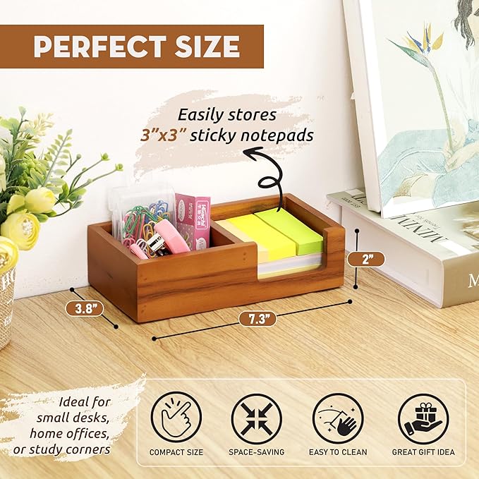 Demigo Wooden Sticky Note Holder for Desk – Solid Acacia Wood Organizer for 3x3 Note Pads, Paper Clips, Office Supplies – Compact Memo Pad Holder for Home Office, Teachers