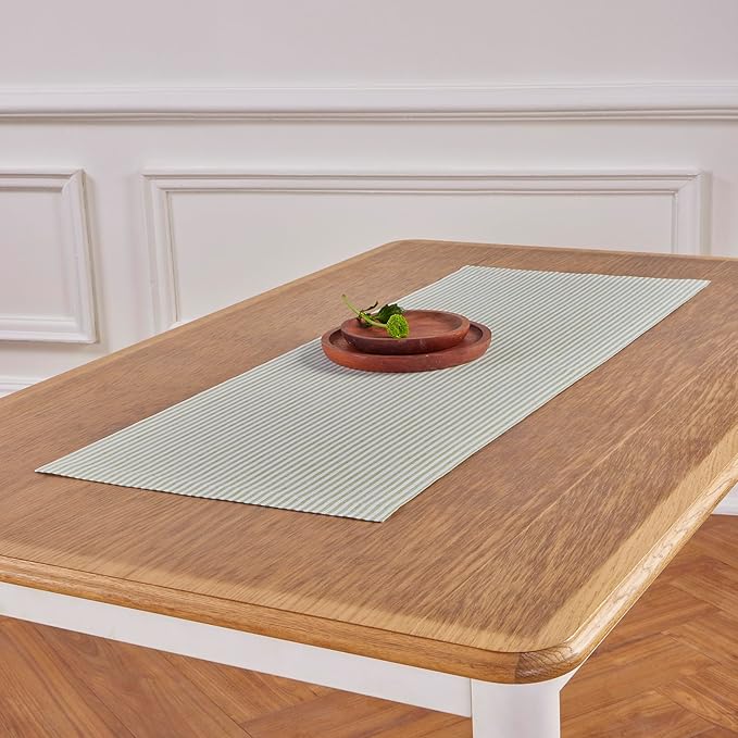 Solino Home Linen Table Runner 72 Inches Long - Narrow Stripe, 100% Pure Linen Avocado and White Table Runner 14 x 72 Inch for Dining, Dresser, Winter, Spring, St Patricks Day, Easter