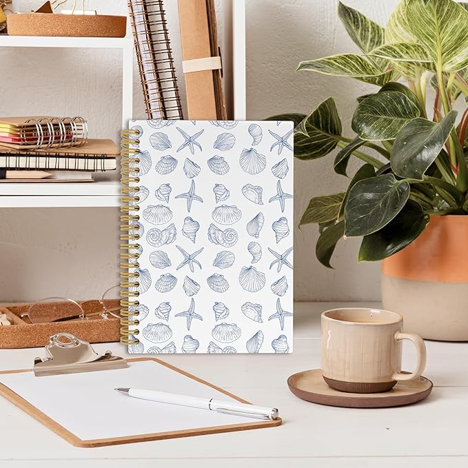 Vintage Ocean Blue Coast Notebook, Summer Seashell Starfish Journal Notebooks for Girls Women, Trendy Coastal Coquette Stuff Planner School Supplies Hardcover Spiral Notebook 5.5x8.3 Inch