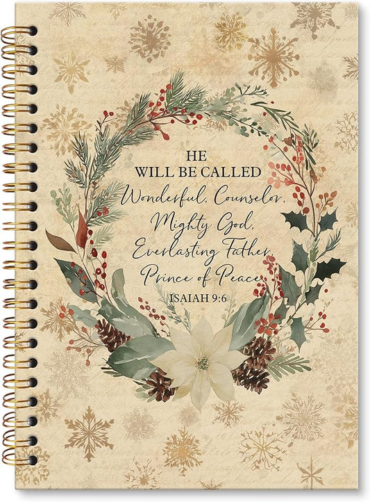 XNXLDYLH Vintage Christian Christmas Wreath Notebook Journal, Isaiah 9:6 Church Spiral Notebook, Bible Study Prayer Journals Notebooks, Christmas Christian Office School Supplies Gifts, 5.5x8.3 Inch