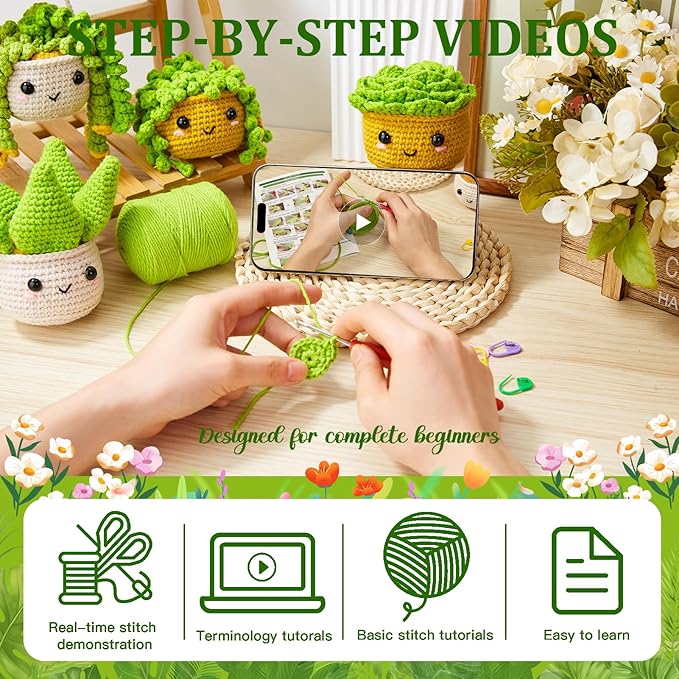 MAGIMUSE Crochet Kit for Beginners,Crochet Starter Kits with Step-by-Step Video Tutorials, DIY Craft Kits Amigurumi Knitting Supplies, Monstera Plant Family (40%+ Yarn)