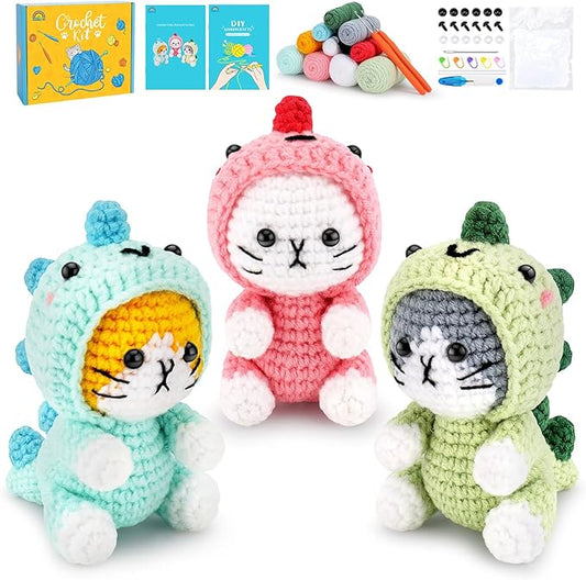 Crochet Kit for Beginners - 3 PCS Dinosaur Cat Crochet Kits with Step-by-Step Video Tutorials, Beginner Crochet Kit for Adults, Crochet Animal Kit for Starters, Cat Dressed as Dinosaur Crochet Set