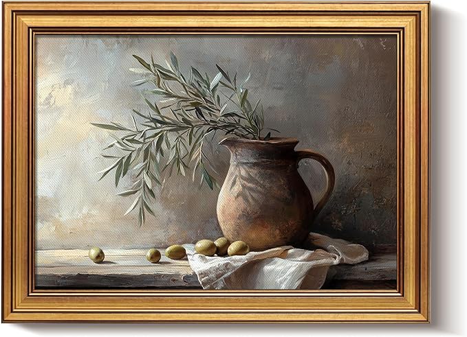 Bzstyleart Vintage Wall Art Decor,Gold Framed Wall Art 12 x 16 Inch Pottery Jar Olive Branch for Office,Canvas Picture Print Painting for Bedroom Living Bathroom Dorm