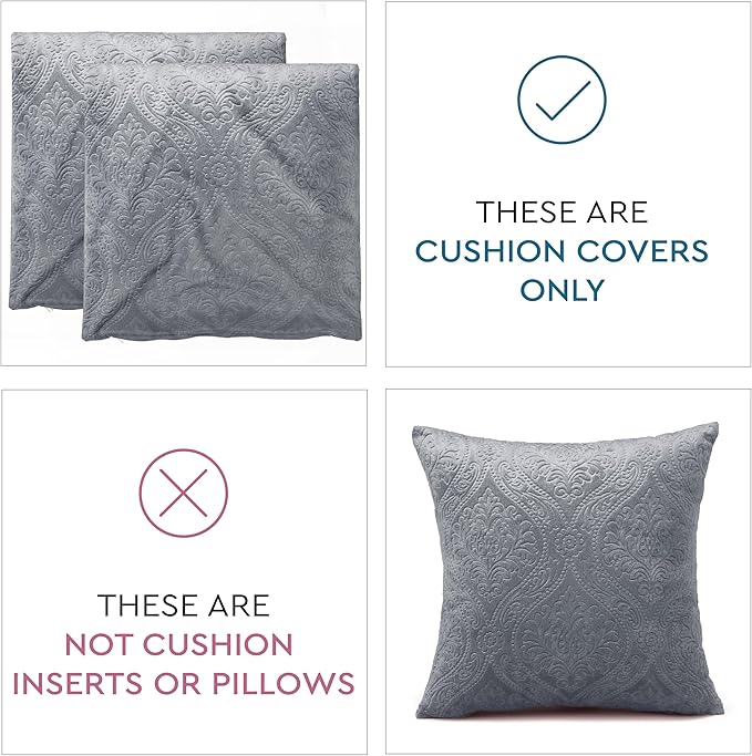 Encasa XO Luxury Embossed Velvet Throw Pillow Covers - Plush Cushion Covers for Elegant Living Rooms & Bedrooms, Machine Washable, 24"x24" Grey | Set of 2 | Covers Only No Insert
