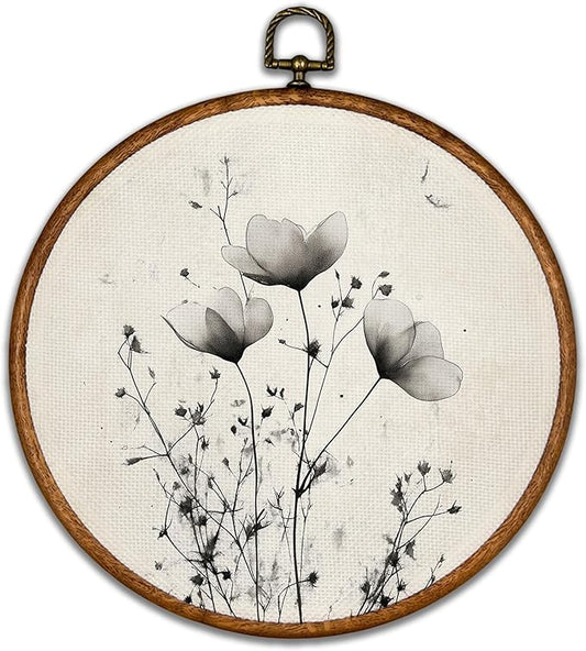 KSDUT Vintage Boho Mid Century Flower Floral Wall Decor Art - Black Botanical Neutral Wall Art Canvas Frame Hanging Prints, Retro Landscape Wildflower Round Wall Art Decor for Home Decorations 10"x10"