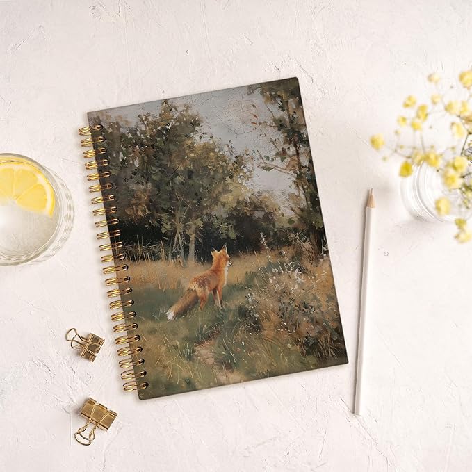 MOFUYU Fox Spiral Notebook Journal,Fox Gifts,Vintage Notebooks for School,College Ruled Hardcover Spiral Notebook Journal for Work Notes Journaling,Fox Journal Gifts 5.5x8.3