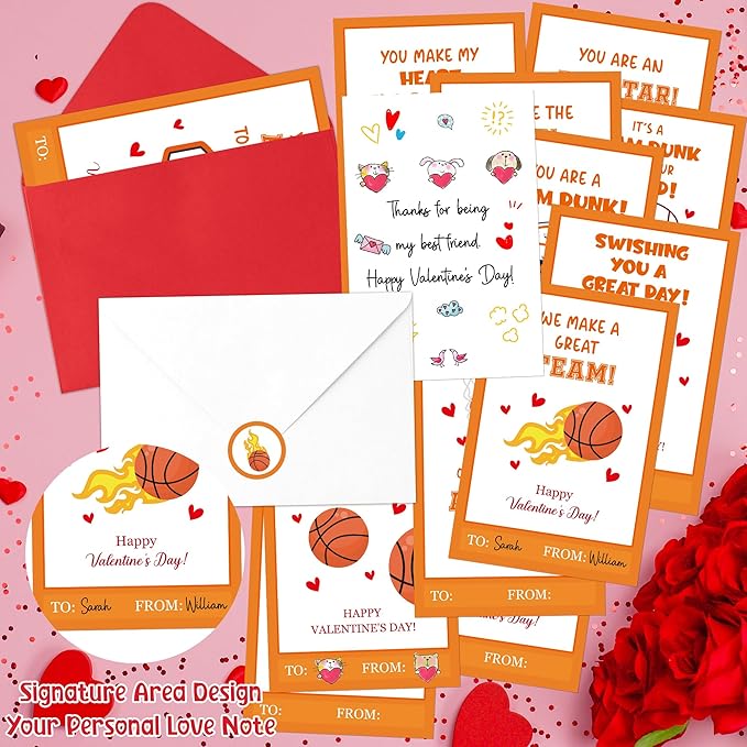 TICIAGA 144pcs Valentine’s Day Basketball Greeting Cards with Envelop and Stickers for Kids, 4 x 6 IN Sport Theme Exchange Gift Cards for Boys and Girls School Classroom Supplies, Valentines Party Favors