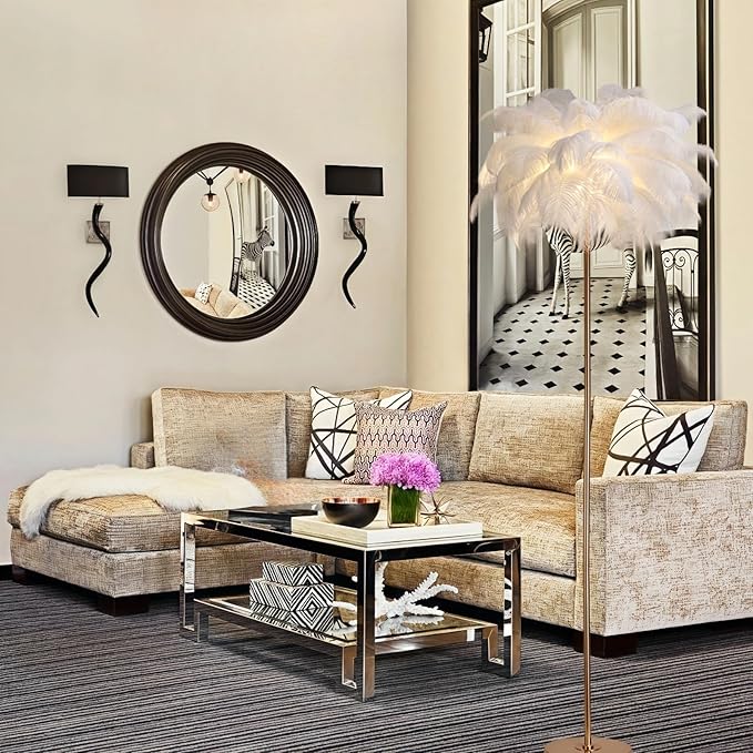 Chic White Feather Floor Lamp Nordic Ostrich Feather Lamp Girl Furry Floor Lamp Standing Floor Lights Modern Princess Bedroom Bedside Reading Light for Living Room Sofa Hotel Bedroom