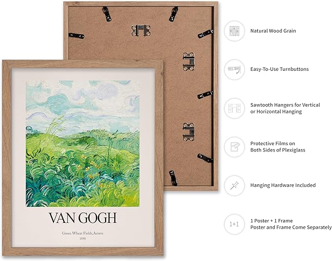 Monem Art Vintage Van Gogh Poster - Retro Impressionist Print - Green Wheat Fields, Auvers, Sky, Leaves, Landscape - Gift for Artist, Friend - Wall Decor for Home, Office, 16x20 Beige Framed