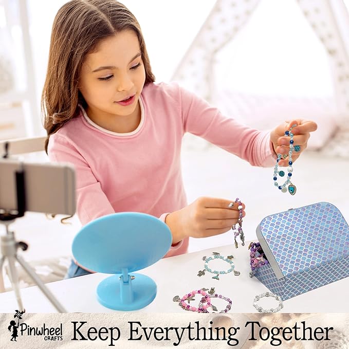 Pinwheel Crafts Mermaid Charm Bracelet Making Kit with Storage Case - DIY Kids Bracelet Making Kit for Girls 8-12 - Birthday Gift & Craft Supplies with Beads and Ocean Charms