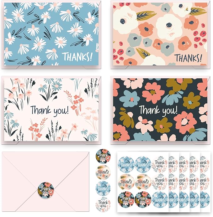 48Pcs Thank You Cards with Envelopes and Stickers for Weddings, Bridal Shower, Baby Shower, Small Business