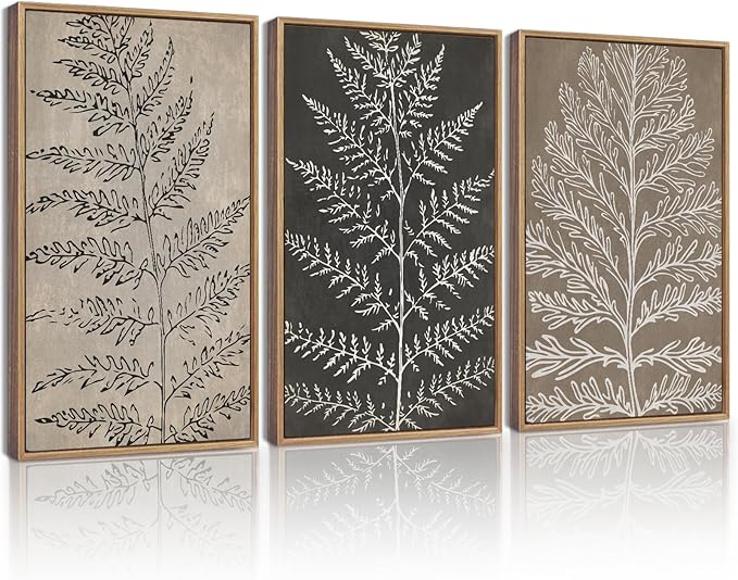 KUVIOKE Vintage Botanical Framed Wall Art Bohemian Tan Plant Leaf Wall Decor Nature Fern Plant Silhouette Wall Painting Home Decor 12x16in (Natural Framed)