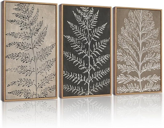 KUVIOKE Vintage Botanical Framed Wall Art Bohemian Tan Plant Leaf Wall Decor Nature Fern Plant Silhouette Wall Painting Home Decor 11x14in (Natural Framed)