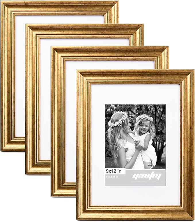 Yaetm Gold 9x12 Picture Frame Matted to 6x8 Set of 4, 1.4” Wide Molding & Rustic Gold Photo Frames 9 x 12 with Tempered Glass, Display on Tabletop & Wall Mounting, 4 Pack