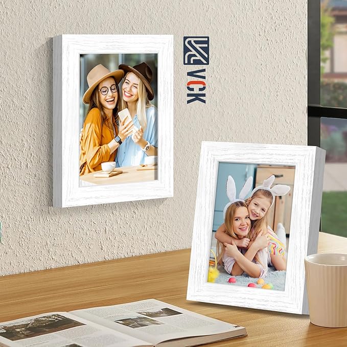 VCK 5x7 Picture Frames White Set of 5, Wide Border Wood, Tempered Glass, Display 4x6 Photo with Mat or 5 x 7 without,for Home, Office, Gallery, Woodgrain Series, Tabletop & Wall Hanging