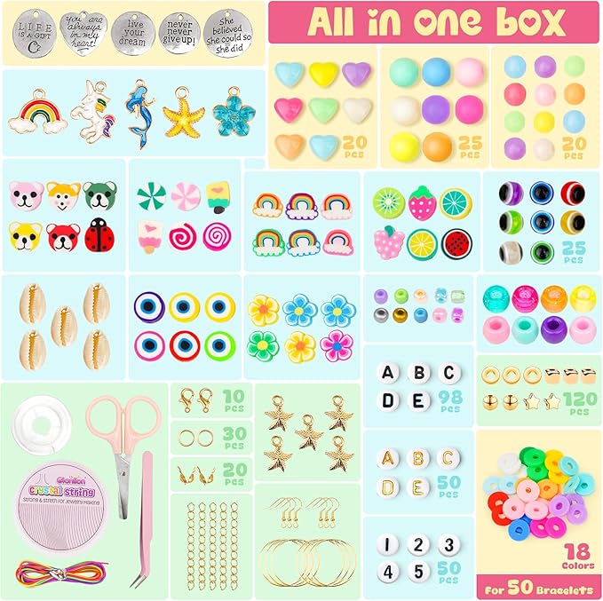 Gionlion Christmas Gifts for Girls, Bracelet Making Kit Crafts for Jewelry Making Supplies Kit with 198Pcs Letter Beads, Unicorn/Mermaid DIY Birthday Christmas Toys Gifts for Kids