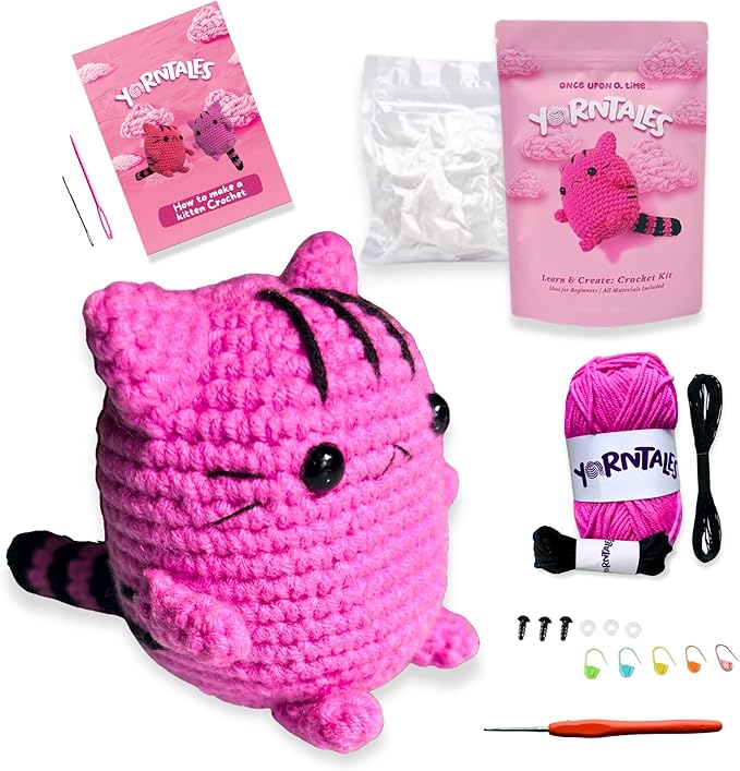 YarnTales DIY Pink Kitten Crochet Kit - Beginner Craft Kit with All Included Supplies & Video Tutorials - Great Christmas, Xmas & Hanukkah Gift or Stocking Stuffer for Teens & Adults