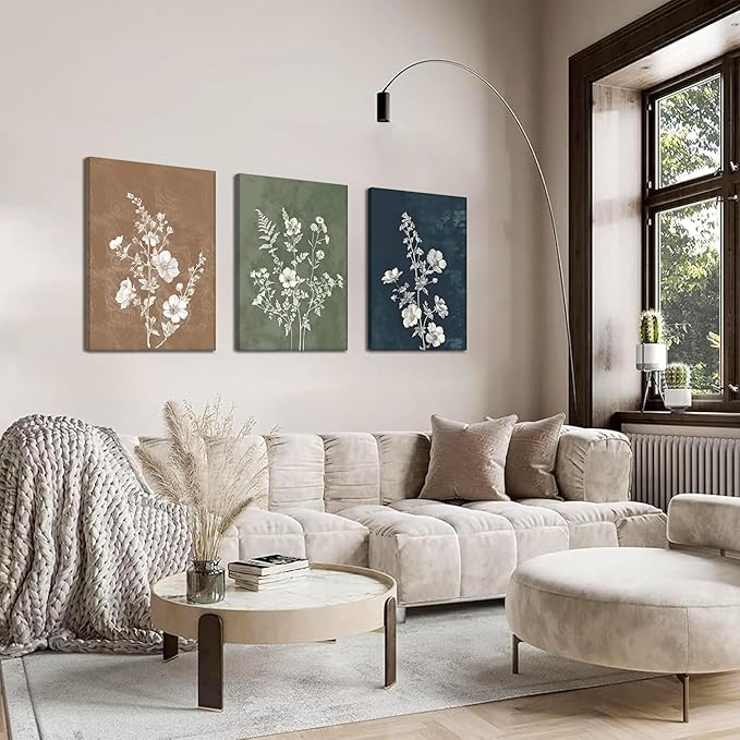 Framed Boho Canvas Wall Art Set of 3, Minimalist Botanical Picture Wall Decor Painting, Vintage Floral Rustic Farmhouse Posters Prints for Living Room Bedroom Bathroom Home Decor 12x16In