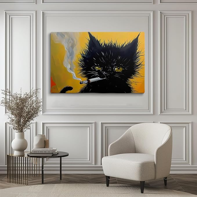 Black Cat Painting, Cat Smoking A Cigarette, Cat Wall Art, Black Long Hair Cat Print,Cat Print, Cat Portrait, Unique Gift, Black Kitten Painting,Cat Lover Room Decor, Cat House Decor20x30 Framed