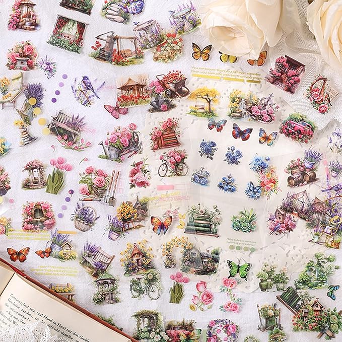 SIBLYMONA Vintage Stickers 150 Sheets Pack Over 800+ Pieces, Floral Butterfly Transparent Stickers for Scrapbooking Journaling, Junk Journal Supplies Transfers Crafts (Shadow of Flower)