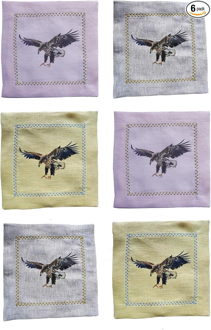 Cocktail Napkins Set of 6, 6x6 inch, 100% Linen, Printed Animal Pattern, Reusable & Washable Cloth Coasters for Beverages, Hosting, Gifting & Everyday Use (Eagle - Colorful)