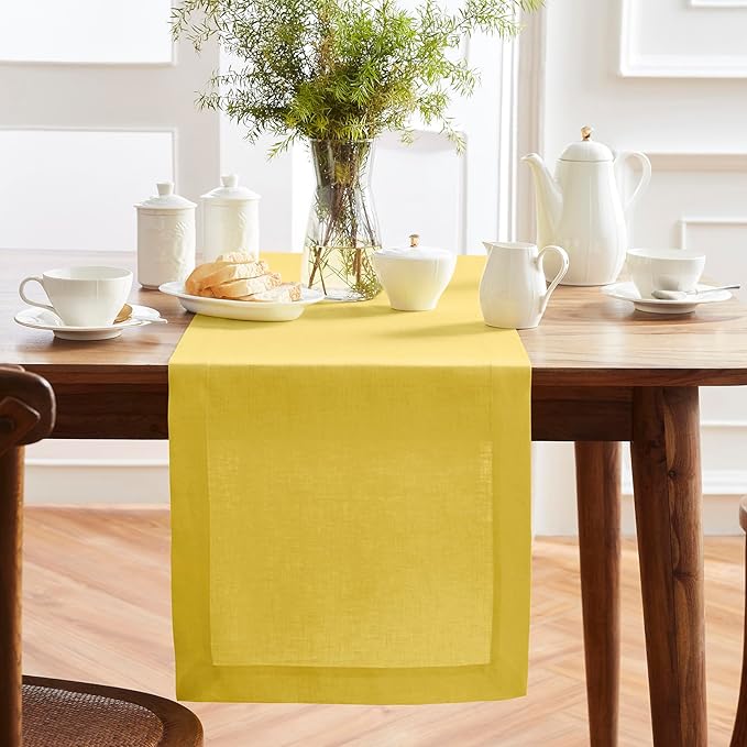 Solino Home Linen Yellow Table Runner 60 Inches - 100% Pure Linen Small Table Runner 14 x 60 Inch Ideal for Dresser and Coffee Tables, Spring, Easter - Sonoma