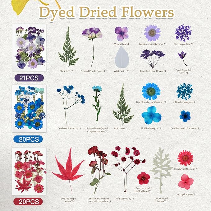 173Pcs Real Dried Pressed Flowers for Crafts - Natural Dry Flower Kit for Resin, Stickers, Bookmarks, Candle Making, Soap, Nail Art, Frames, Invitations & Jewelry