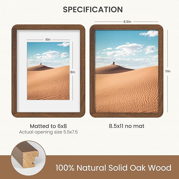 Dreamland 8.5x11 Picture Frame Set of 3, Solid Oak Wood Photo Frame with Mat for 6x8, Round Corner 8.5 x 11 Matted Picture Frames with Resistant Plexiglass for Wall Mounting or Tabletop, Walnut Color