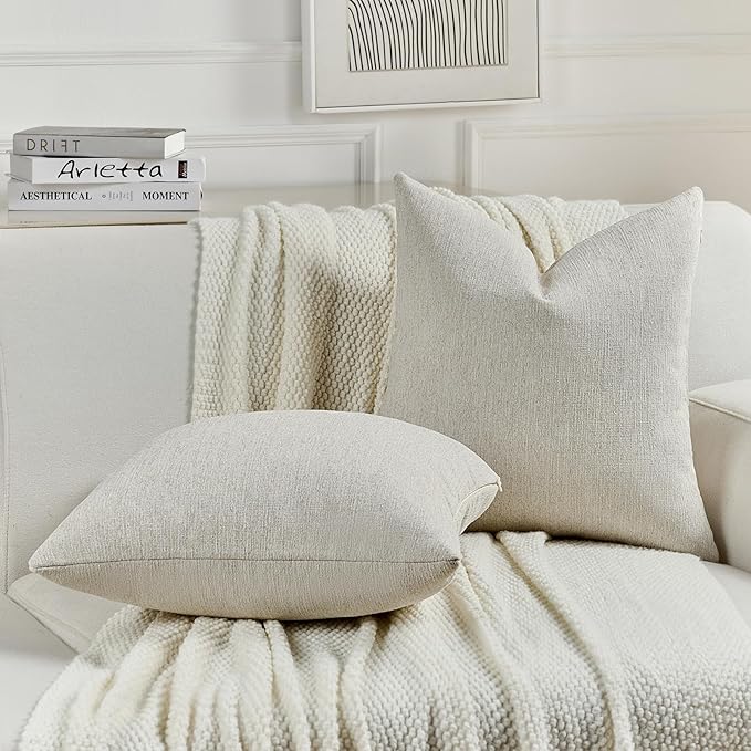 FUTEI Natural White Wood Chenille Decorative Throw Pillow Covers 24x24 Inch Set of 2,Soft Cozy Faux Linen Textured European Pillow Shams,Farmhouse Home Decor for Couch Living Room