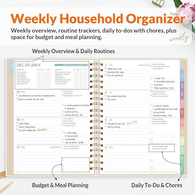 SUNEE Home Planner 2026, Work from Home Planner w/Stickers, JAN 2026 - DEC 2026, Monthly Budget Planner, Checklists for Routines and Goals, Monthly Calendar, Gift-Ready Pack, Poly Laminated Cover,Vine