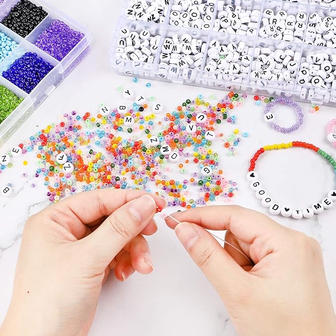 DICOBD 12000pcs 3mm Glass Seed Beads for Bracelets Making Kit with Letter Alphabet Beads, Friendship Bracelet Kits 8/0 Craft Bead for Jewelry Making Necklaces and Key Chains with 2 Rolls of Cord