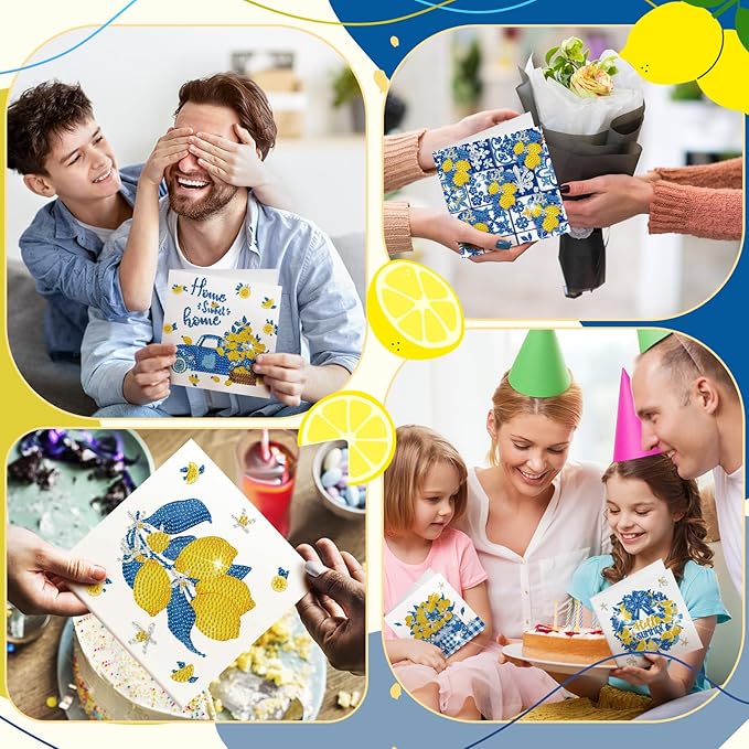 Saillong 12 Pack Capri Lemon Diamond Painting Greeting Card Kit with Envelopes Blue Yellow Lemon Diamond Art Cards 5D Rhinestones Painting Making Kits for Adult DIY Craft Family Friend Holiday Gifts
