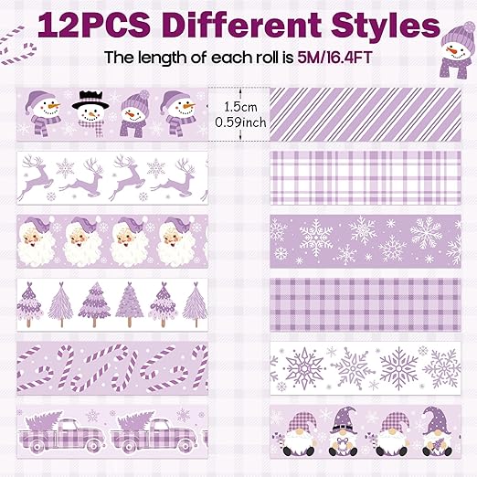 Purple Christmas Washi Tape - 12 Rolls Elegant Santa Reindeer Snowflake Watercolor Aesthetic Adhesive Decorative for Journal Gift Wrapping, Scrapbook, Photo Albums, Easy Tear DIY Art Crafts