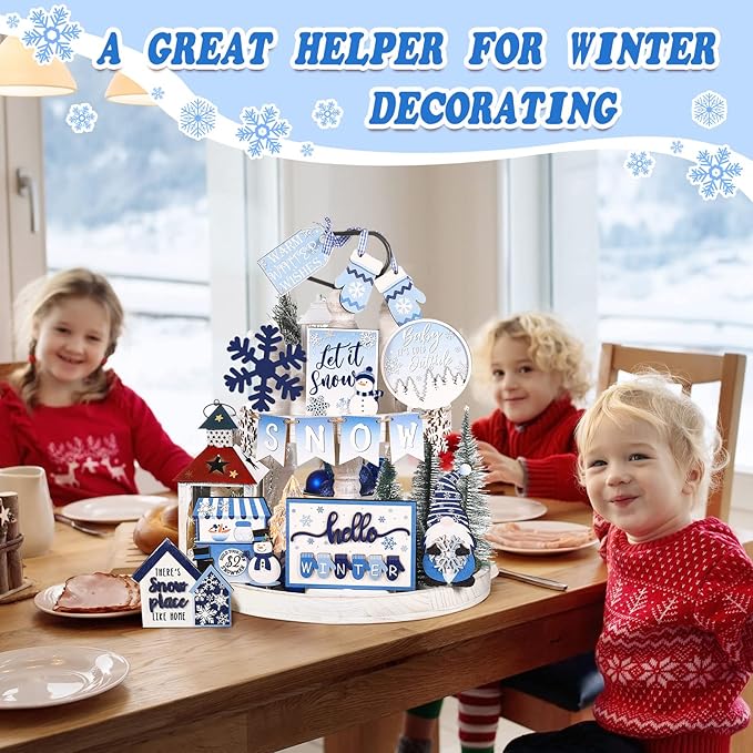 Kajaia 15 Pcs Christmas Tiered Tray Decor Winter Tiered Tray Decorations Set Snowman Snowflake Gingerbread Man Hot Cocoa Wooden Signs Farmhouse Christmas Table Decorations(Snowflake)