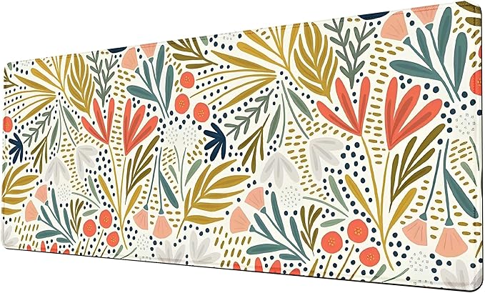 Decorative Floral Pattern Large Mouse Pad for Desk with Non-Slip Rubber Base,Big Desk Pad Desk Mat Featuring Flowers and Leaves,Computer Mouse Pads for Wireless Mouse Mousepad with Stitched Edges