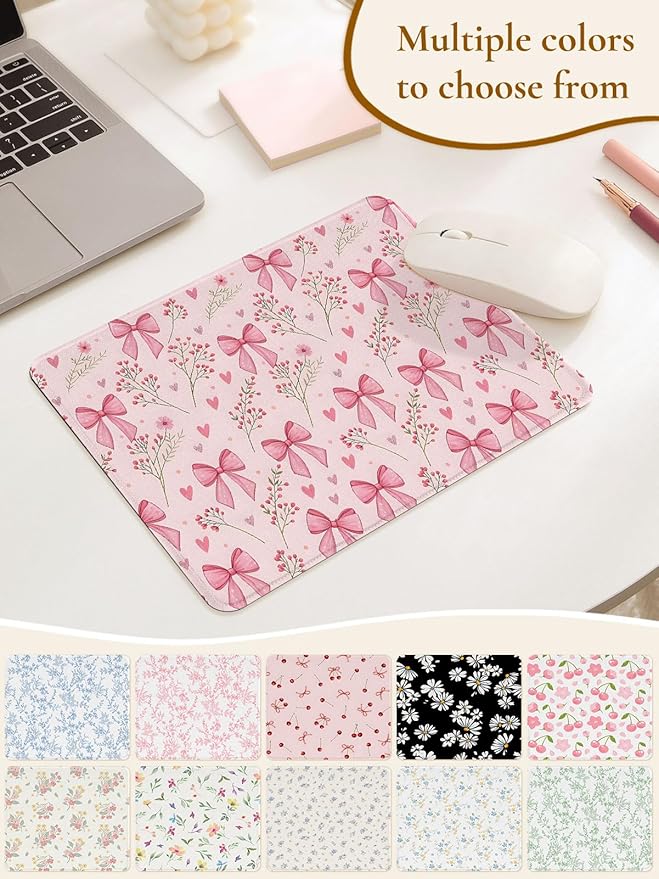 Cute Bouquet of Flowers Mouse Pad, Waterproof Aesthetics Floral Mouse Pads Design, Non-Slip Rubber Base Computer Simple Funny Mousepad,Small Mouse Mat Desk Accessories,Pink Bow