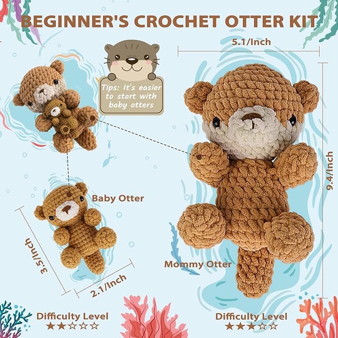 Crochetta Crochet Kit for Beginners, Crochet Starter Kit w Step-by-Step Video Tutorials, Beginner Crochet Kit for Adults Women Men Complete Kit Included (Otter Mom and Baby)