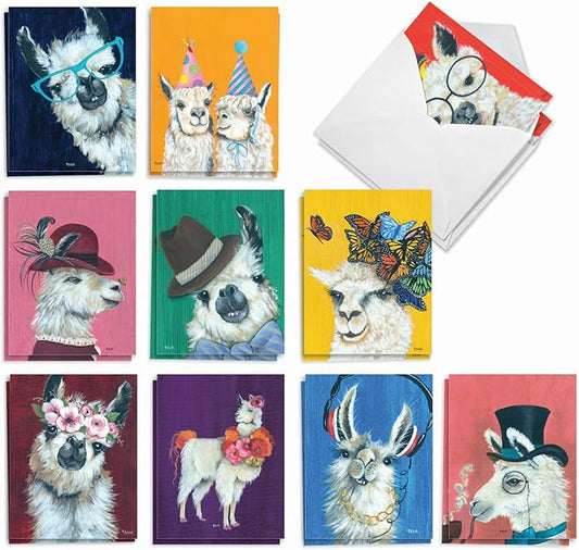 The Best Card Company Assorted Blank Greeting Card Box Set - Incl. 20 Cards + Envelopes - 10 Unique Designs - Perfect for Thank Yous, Invitations, More - Personality Llamas AM7036OCB-B2x10-NB