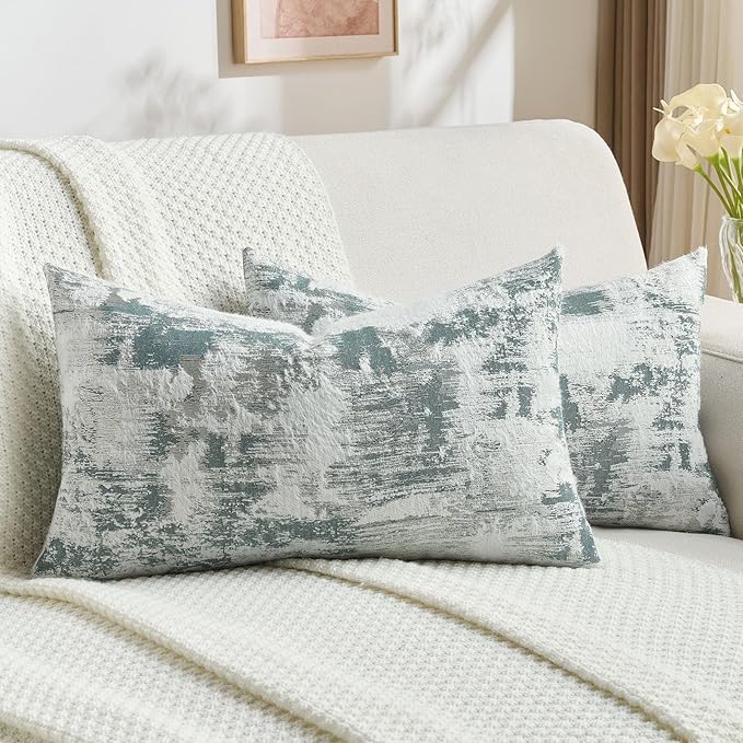 FUTEI Teal White Decorative Throw Pillow Covers 12x20 Inch Set of 2,Jacquard Weave Pillow Case in Soft Faux Cashmere,Modern Home Decor for Couch Living Room