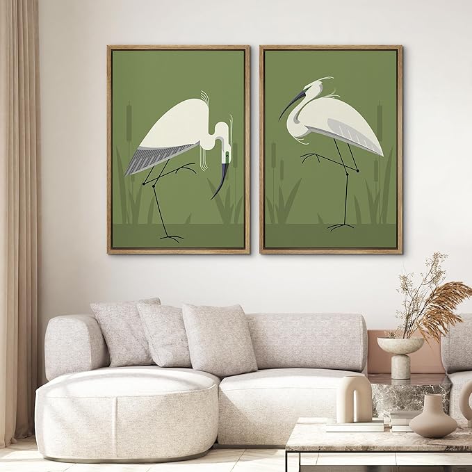 SIGNWIN Framed Canvas Print Wall Art Set Heron Bird Minimalist Egret Illustrations Modern Art Minimal Boho Colorful for Living Room, Bedroom, Office - 24"x36"x2 NATURAL