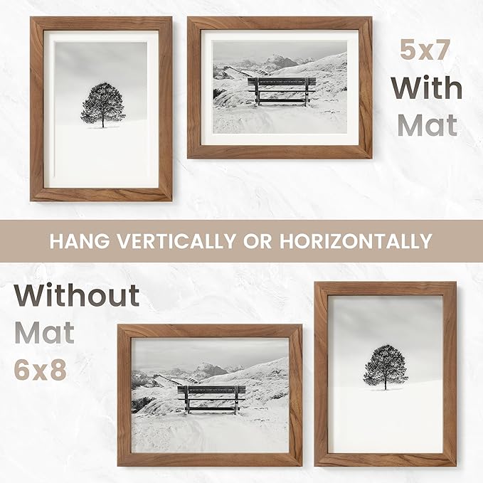 6x8 Picture Frame, USA-Sourced Natural Walnut Wood Photo Collage Frame with HD Tempered Glass, Modern Simple 6 x 8 Wooden Frame Matted to 5x7, Gallery Wall Frames for Art, Wall or Tabletop Display