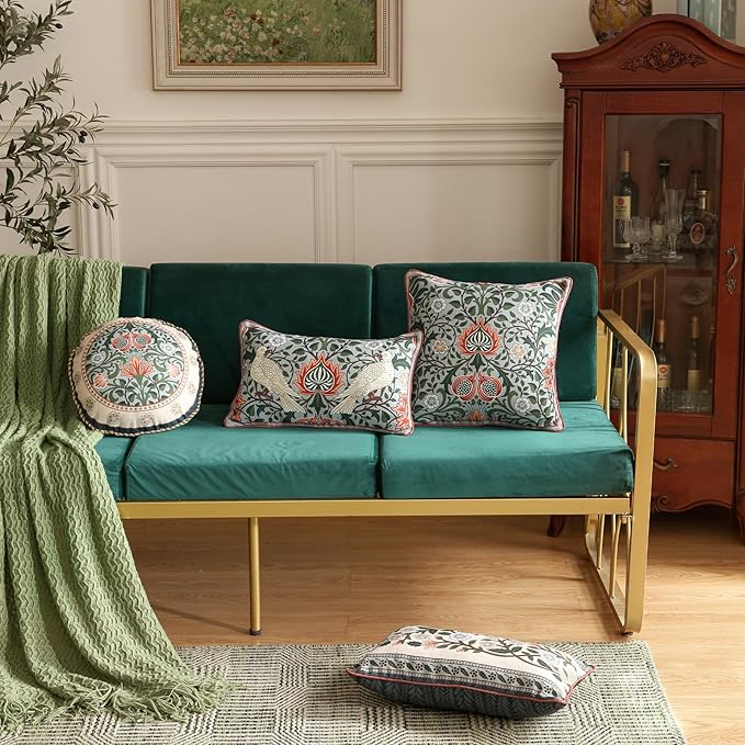 ISAENNE Design Retro Elegant Linen Throw Pillow Covers Set of 4, Blue Gray Floral Pattern Cushion Covers Decor Lumbar Round Square Pillowcases for Bed,Living Room,Outdoor,Car