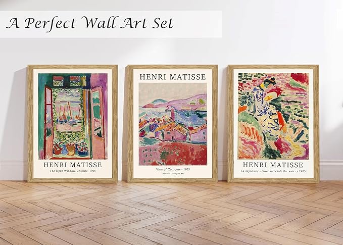 Induslyfe Framed Retro Vintage Wall Art Canvas Decor Set of 3, Matisse Wall Art Prints Poster Mid Century Modern Art, Sage Green Aesthetic Floral Botanical wall art living room bathroom bedroom 12x16
