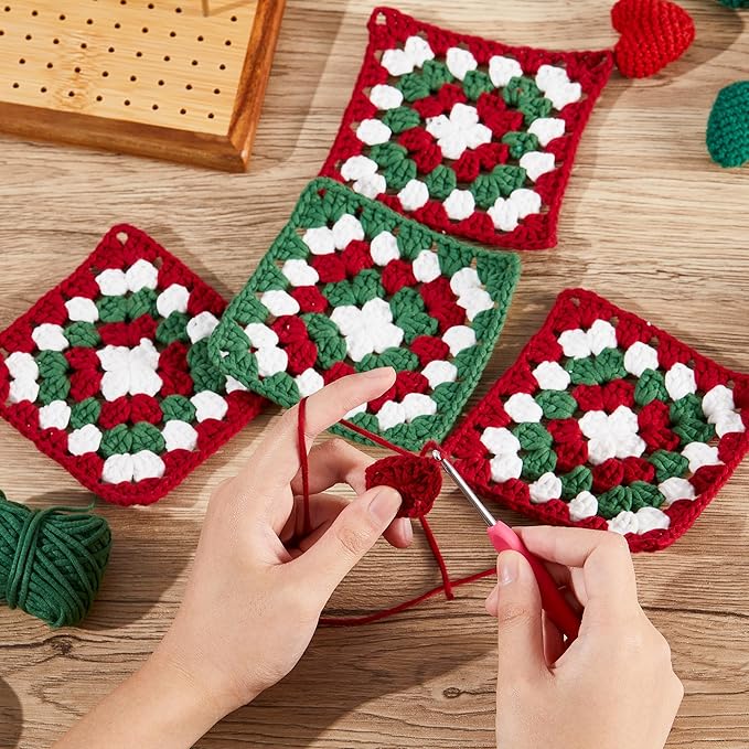 OAKWOOMA Crochet Kit for Beginners, Easy Arts and Crafts Knitting & Crochet Coaster Kit with Step-by-Step Video Tutorials, Crochet Starter Kits for Adults, Teens, Kids (Christmas Granny Square)