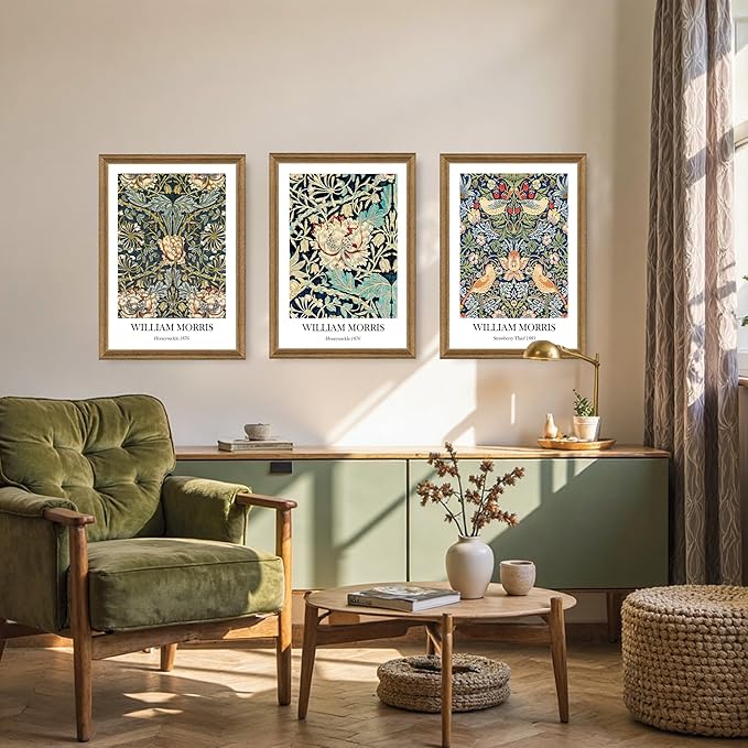 Fantasy Artists 3 Pieces Framed William Morris Wall Art Vintage Botanical Floral Art Wall Decor Painting Farmhouse Artwork Aesthetic Posters Prints for Living Room Bedroom Bathroom 16" x 24"