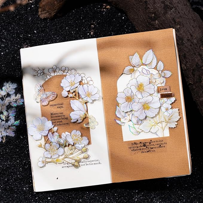 Floral PET Stickers – 60 Foil-Stamped Self-Adhesive Flower Designs Waterproof Transparent Stickers for Scrapbooking Journaling DIY Crafts and Decoration